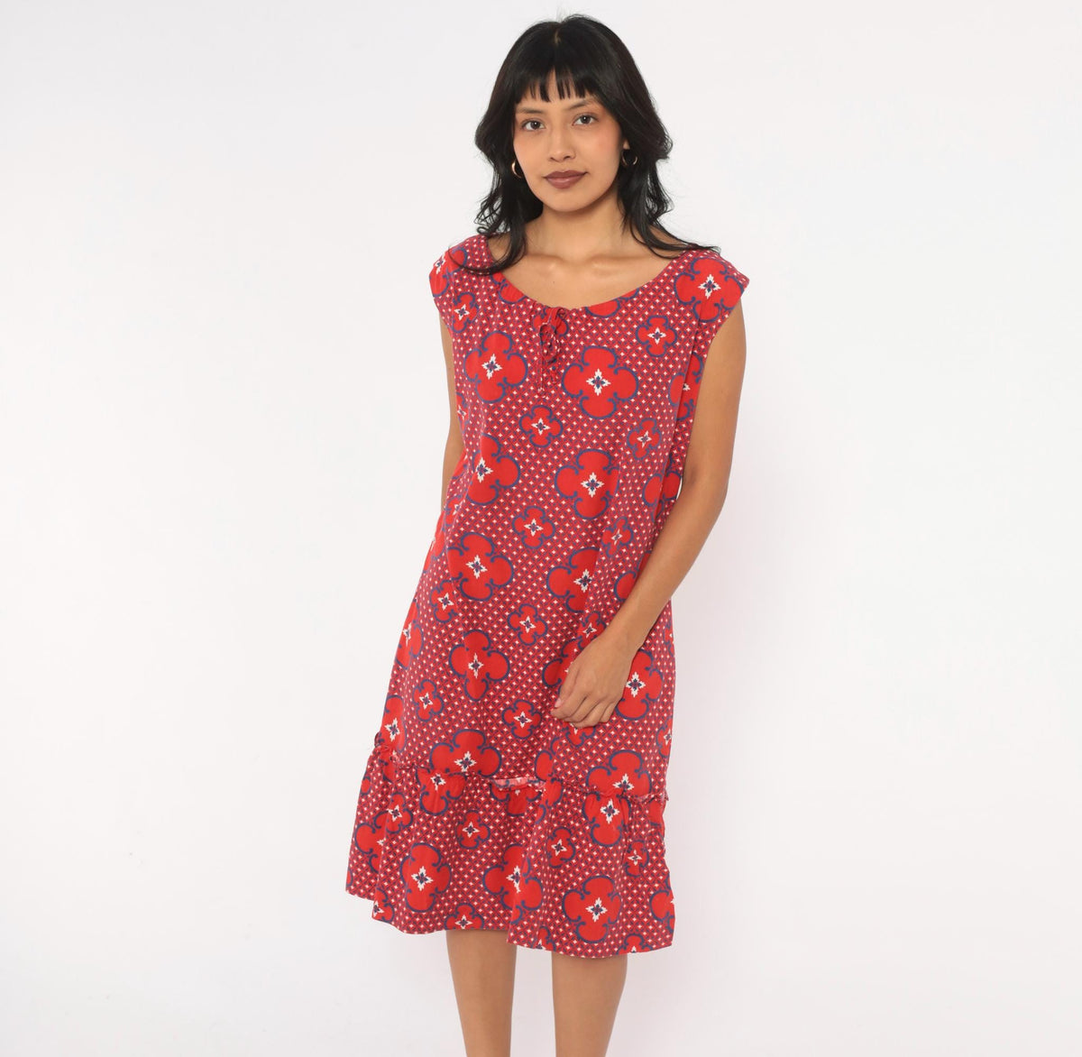 80s Red Floral Cotton Sundress Cobalt Geometric Print Drop Waist Cap Sleeve Large