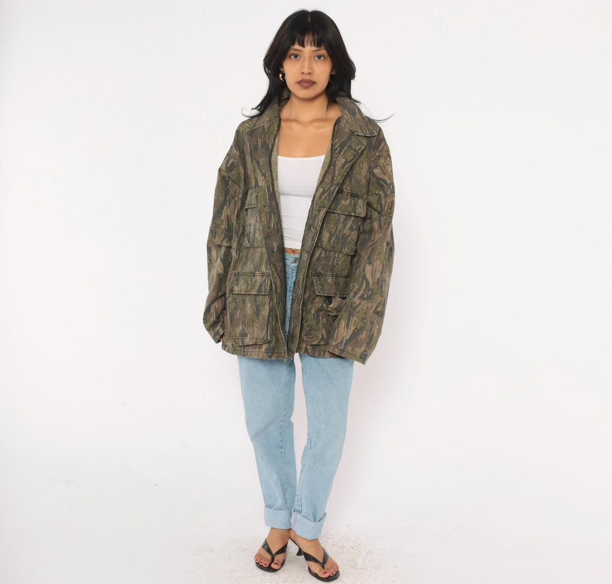 90s Camo Shirt Jacket Olive Brown Tree Leaf Print Button Front Cotton Large L