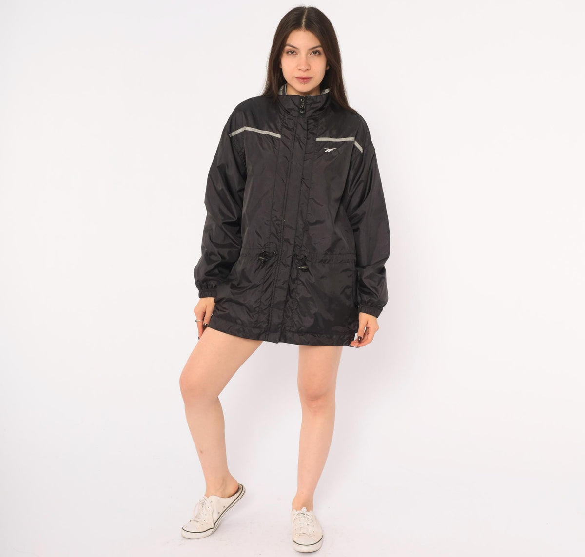 90s Reebok Windbreaker Jacket Black Grey Reflective Stripe Medium M