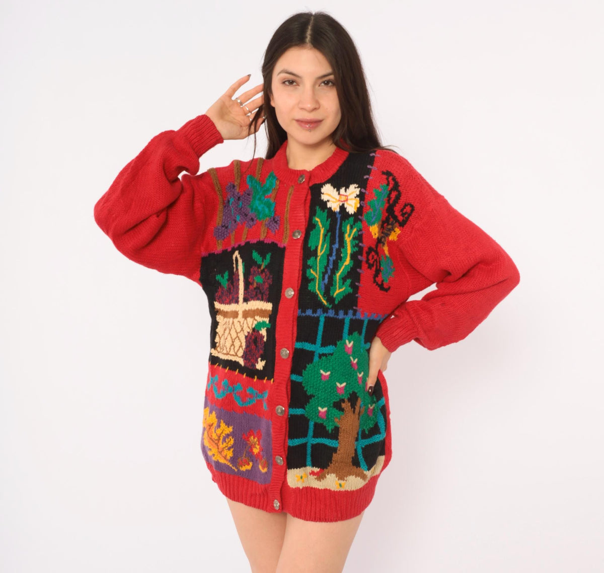 90s Hand Knit Cardigan Red Garden Scene Intarsia Floral Button Front Medium