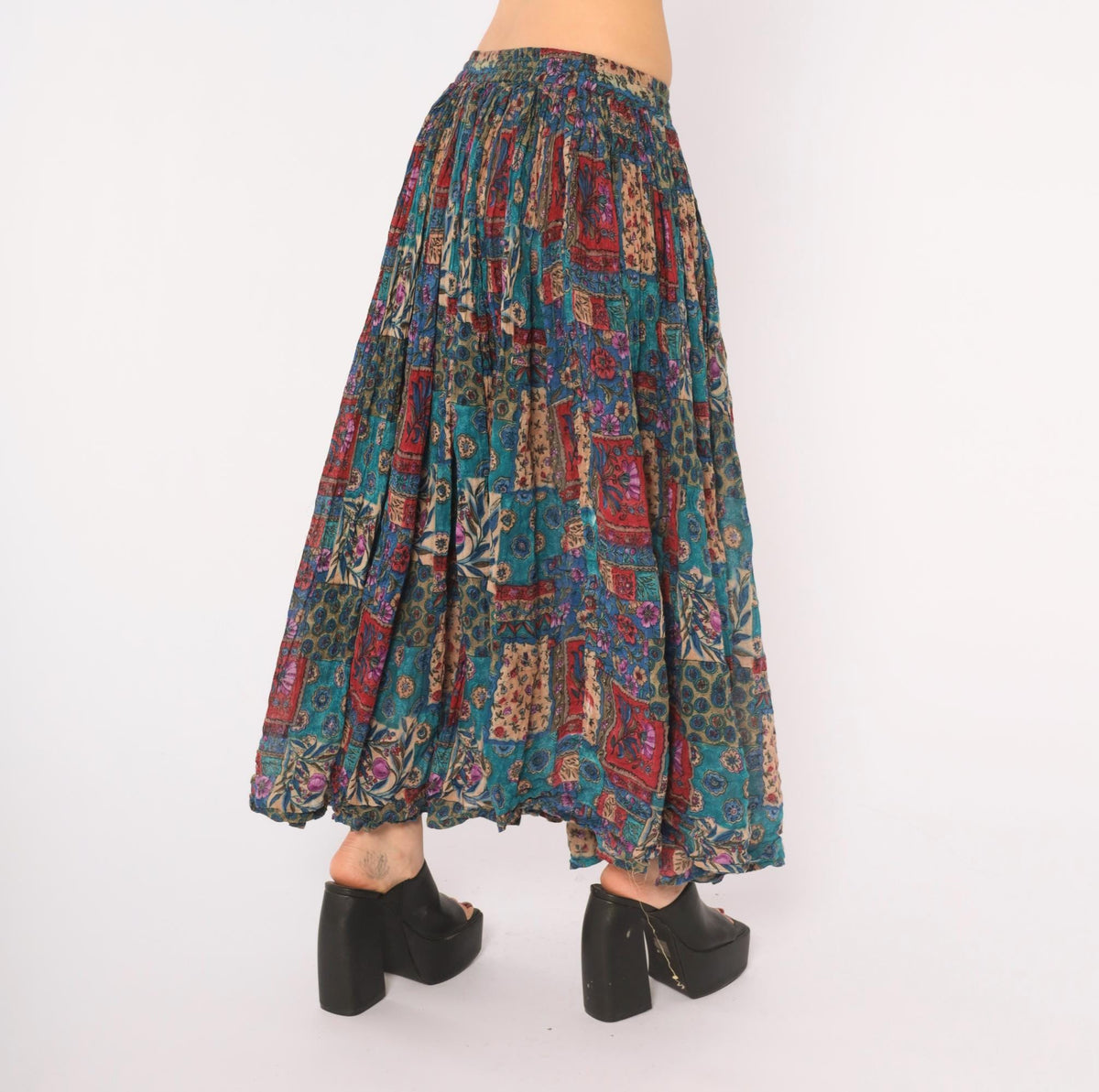90s Alibaba Patchwork Floral Midi Skirt Drawstring Teal Blue Medium