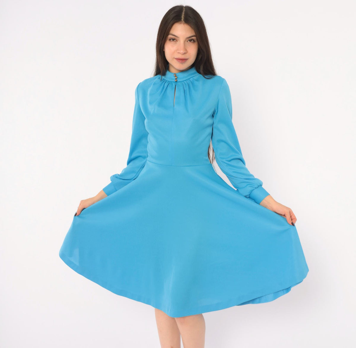 70s Sky Blue A-Line Dress Long Sleeve Keyhole Gold Buttons Small S
