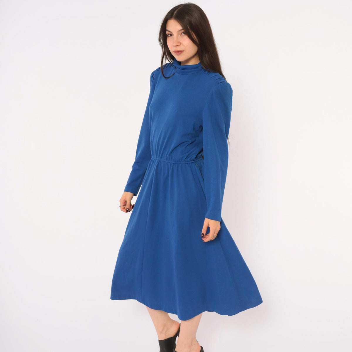 80s Cobalt Midi Dress Puff Shoulder Mock Neck A-Line Pockets Royal Blue Medium M