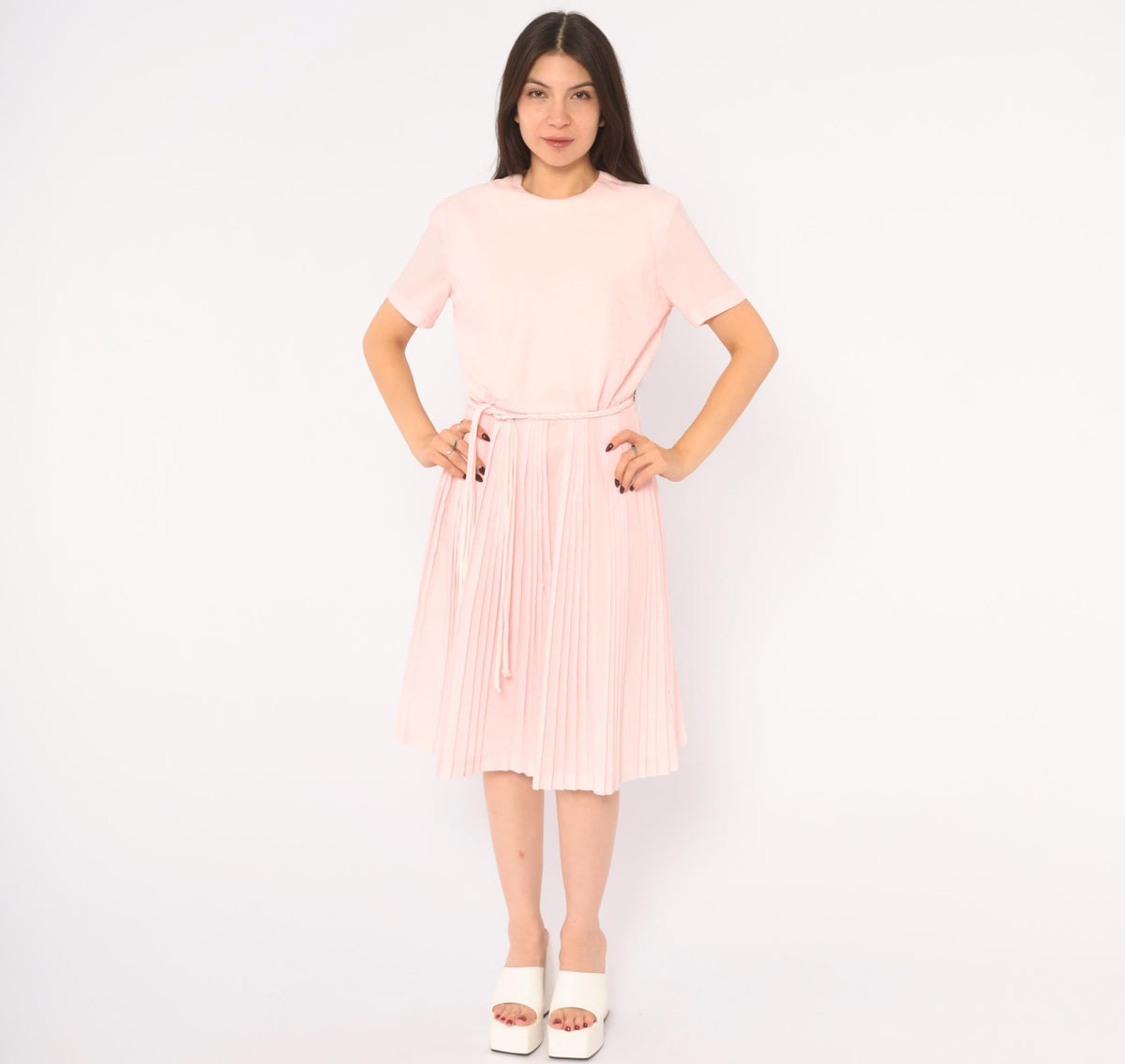 60s Blush Pink Pleated Day Dress Blouson Dropped Waist Crew Neck Small S