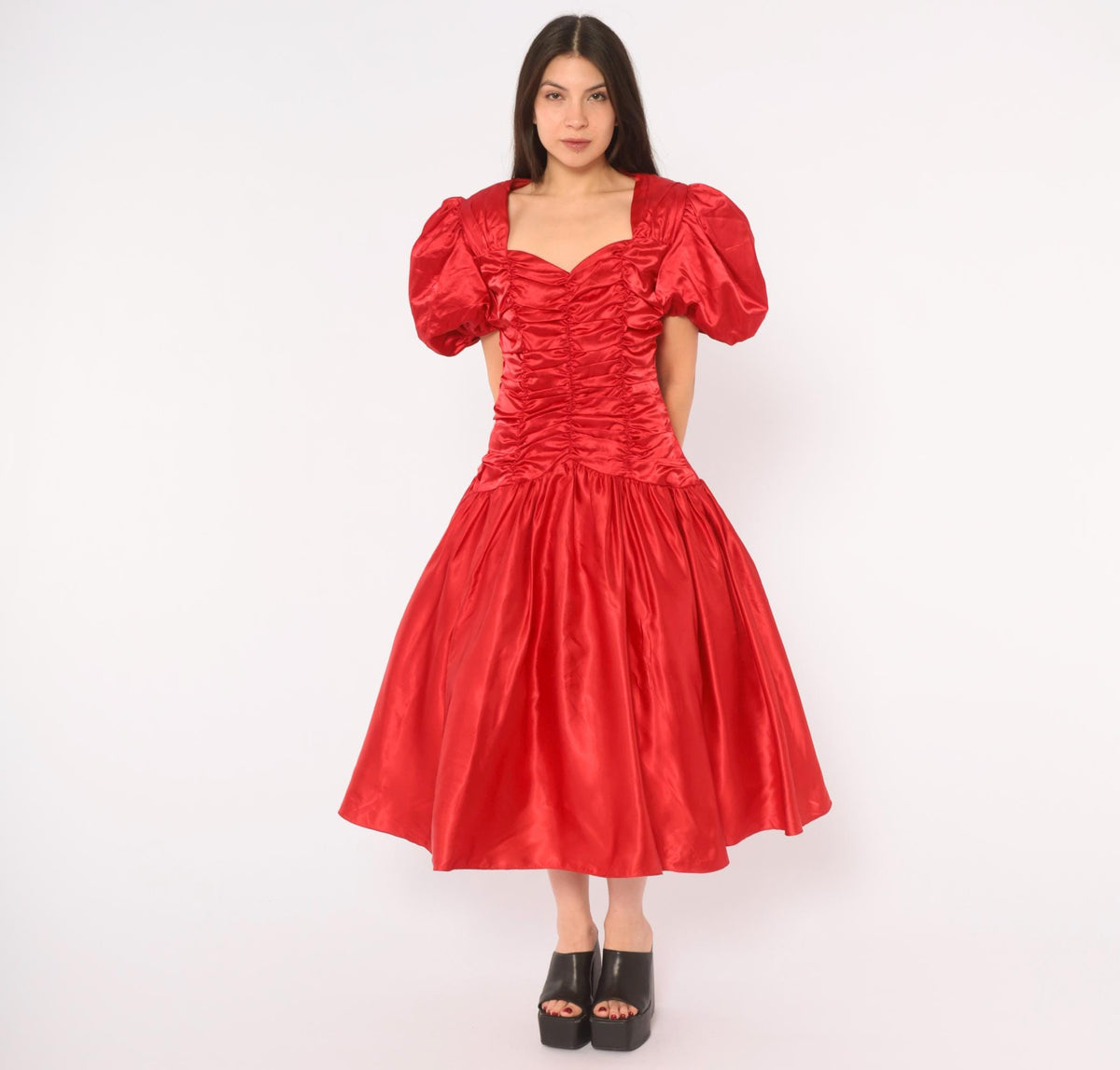 80s Red Prom Dress Sweetheart Neckline Puff Sleeve Open Back Midi Medium