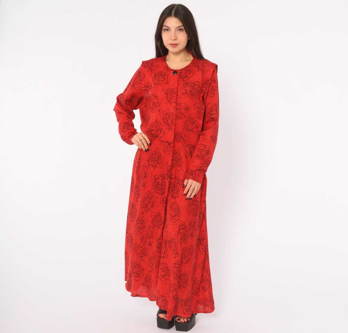80s Red Rose Print Linen Dress Black Floral Ankle Length Button Front Medium