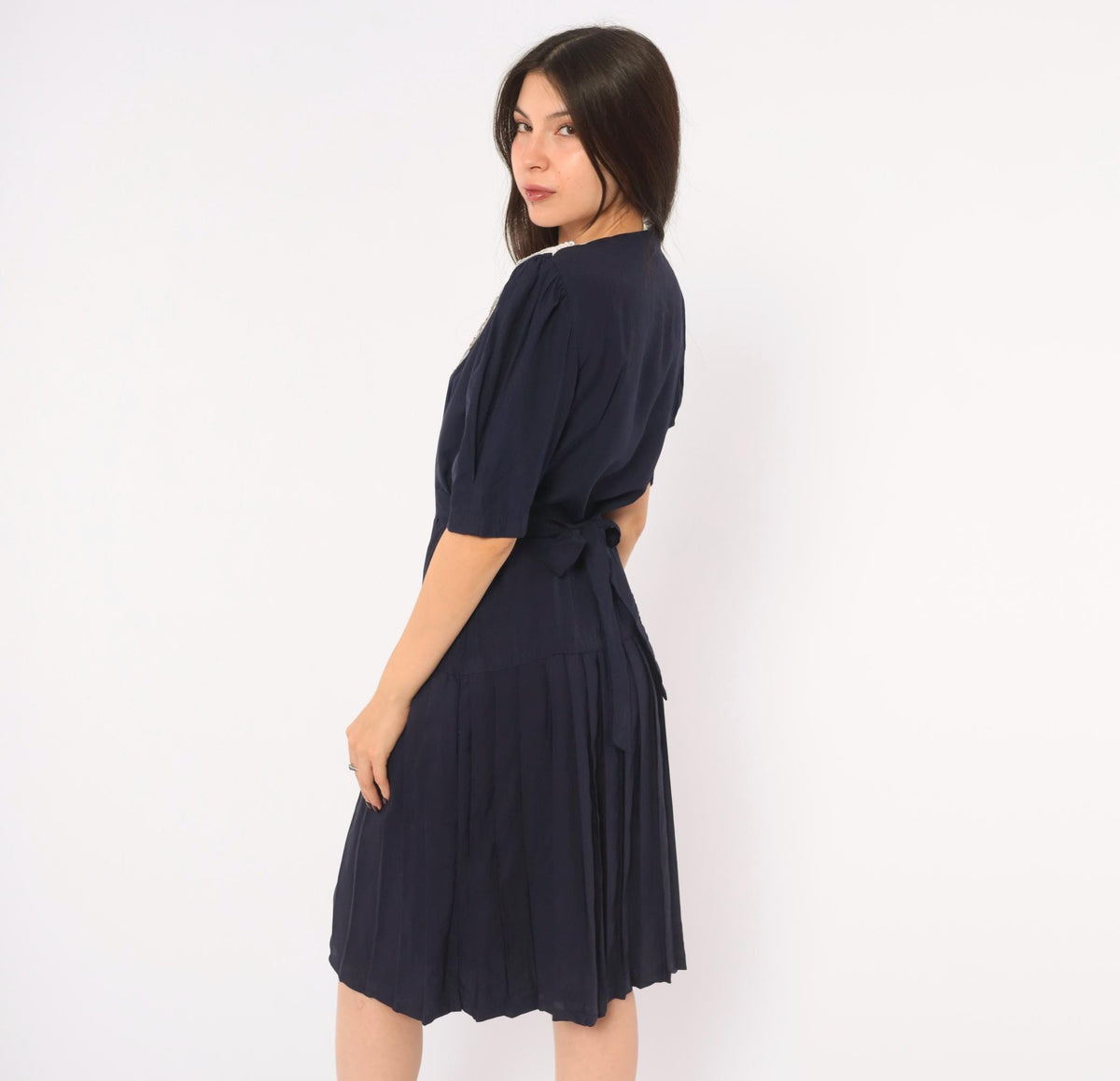 90s Navy Lace Collar Dress White Pearl Buttons Puff Sleeve Pleated Skirt Small