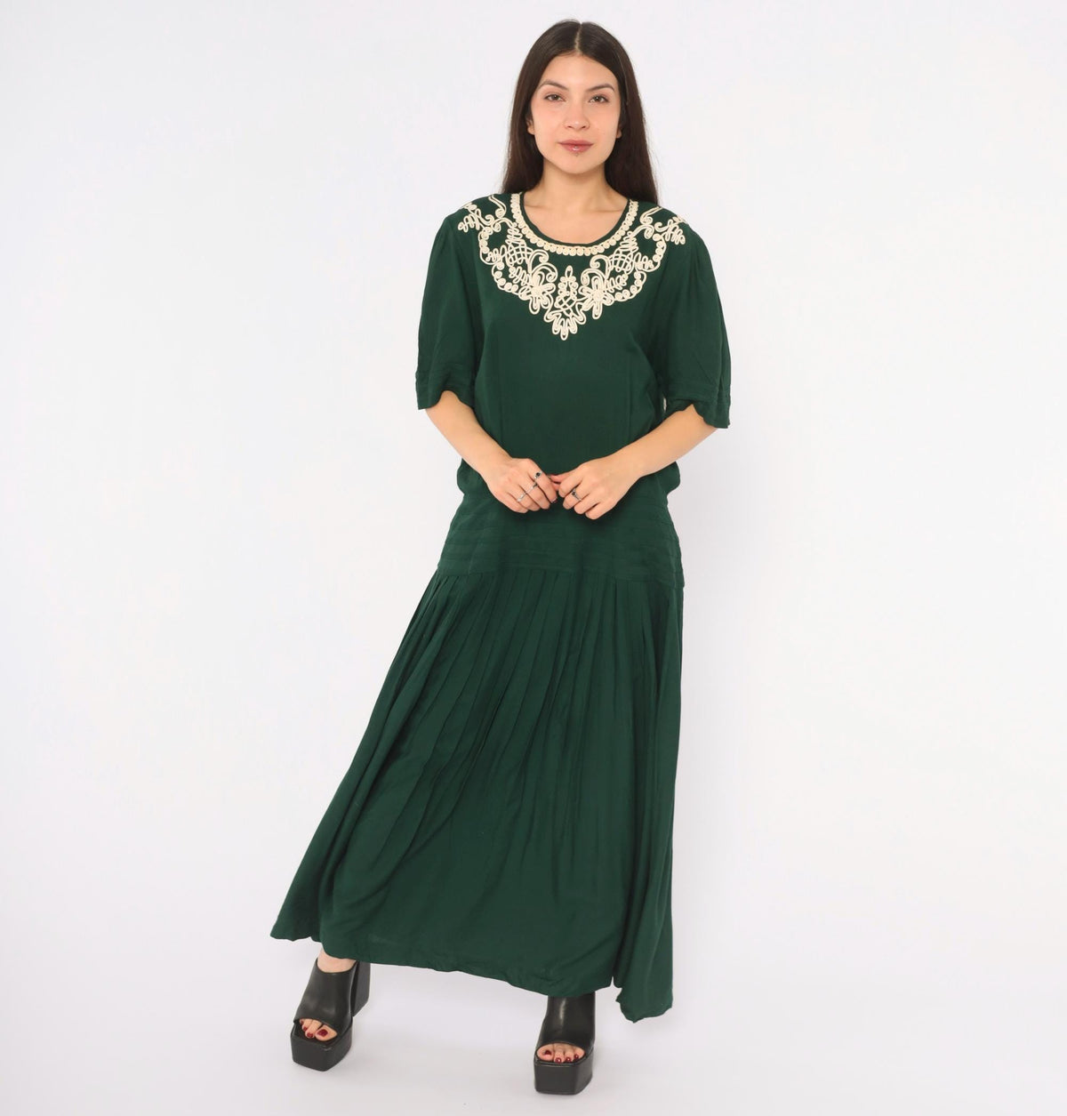 90s Plaza South Forest Green Maxi Dress Embroidered Floral Drop Waist Extra Large