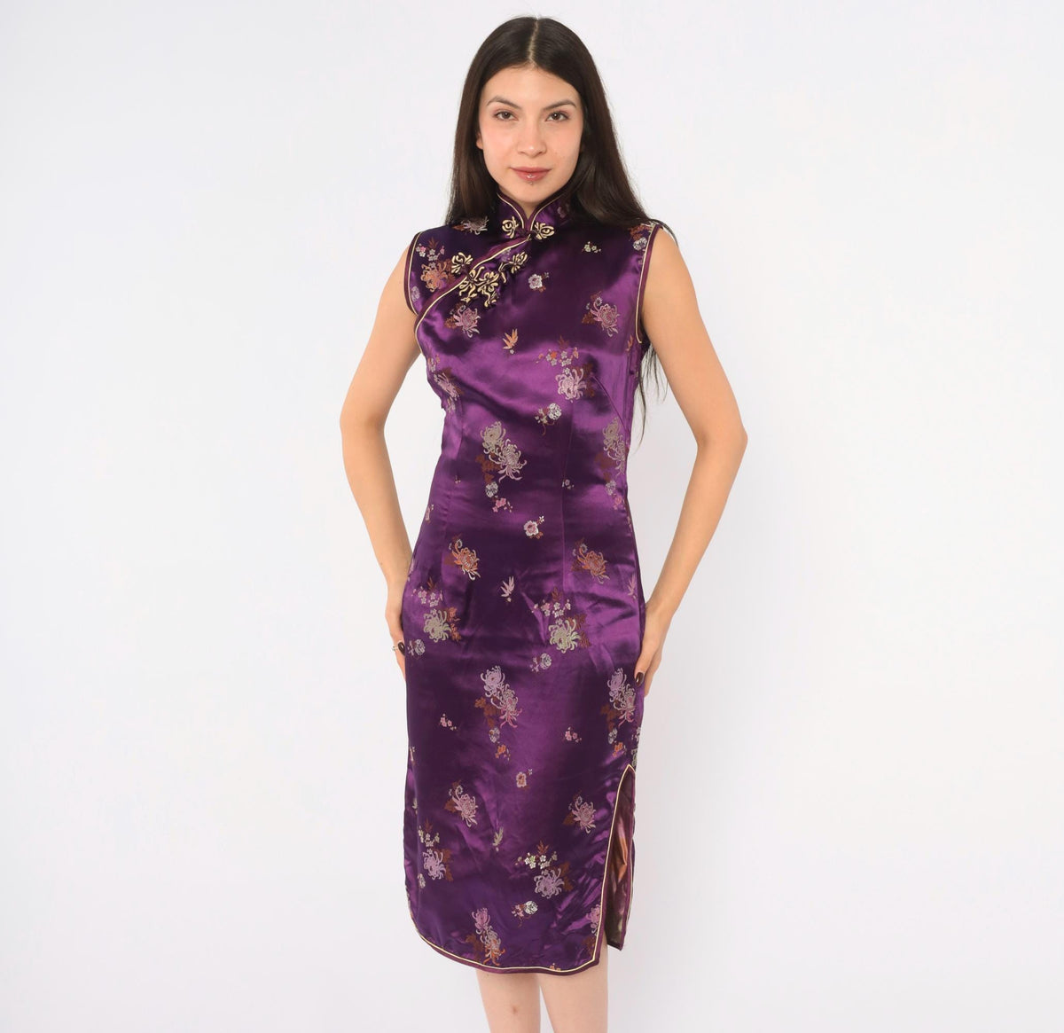 Y2K Purple Cheongsam Dress Floral Brocade Mandarin Collar Frog Button XS