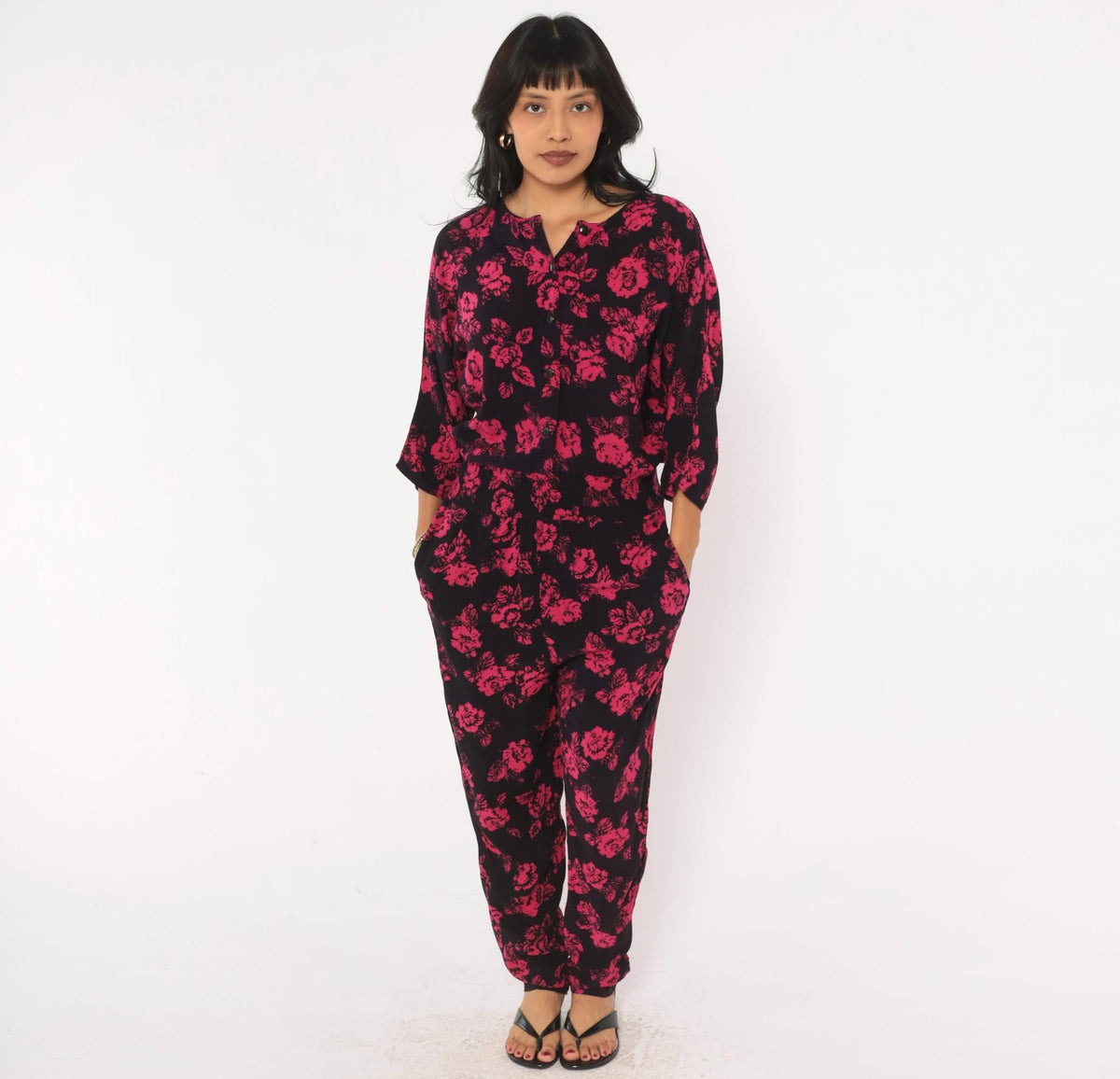 90s Joni Blair Floral Jumpsuit Black Pink Rose Button Front Dolman Medium