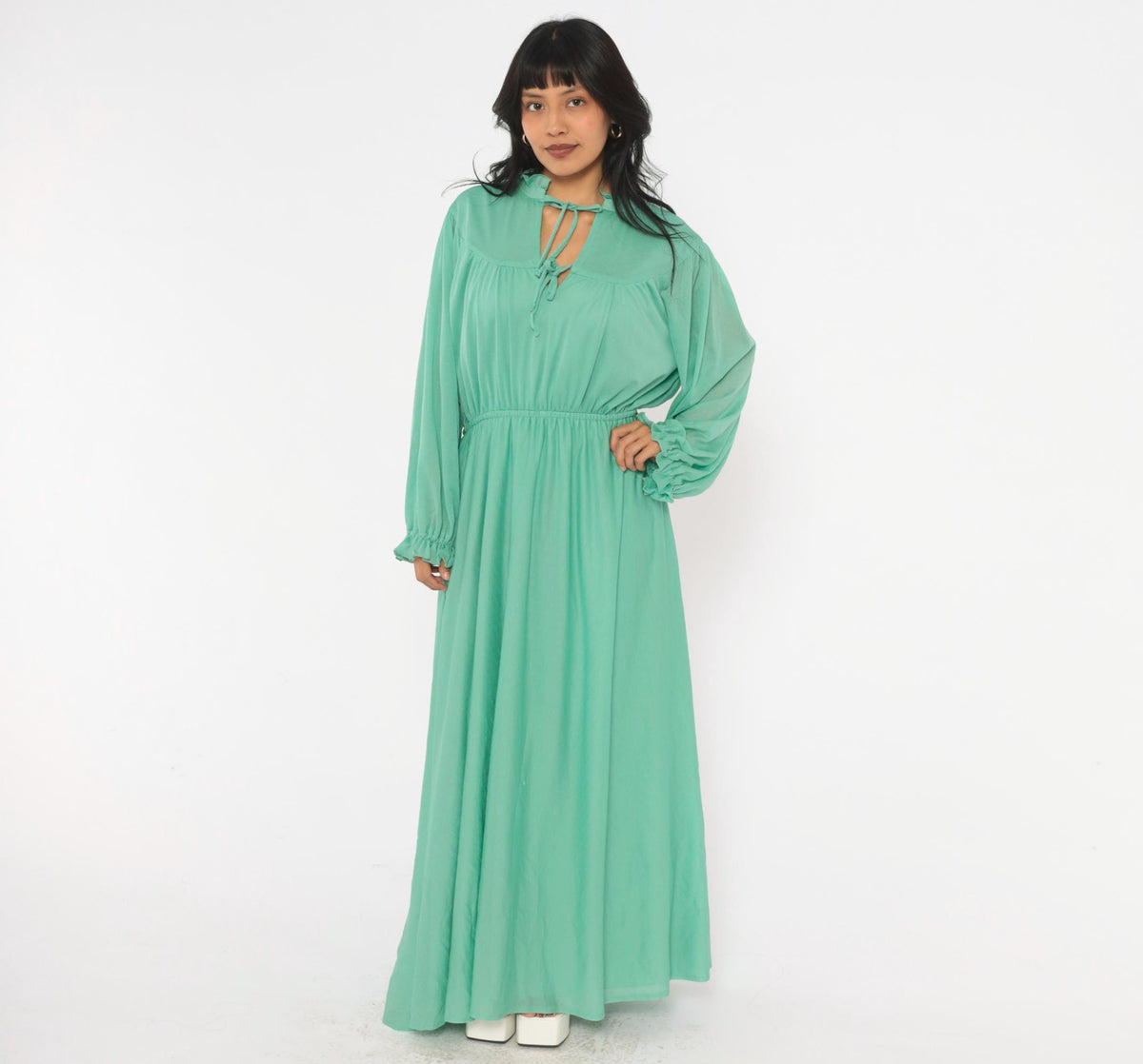 70s Sea Green Maxi Dress Balloon Sleeve Keyhole A-Line Extra Large