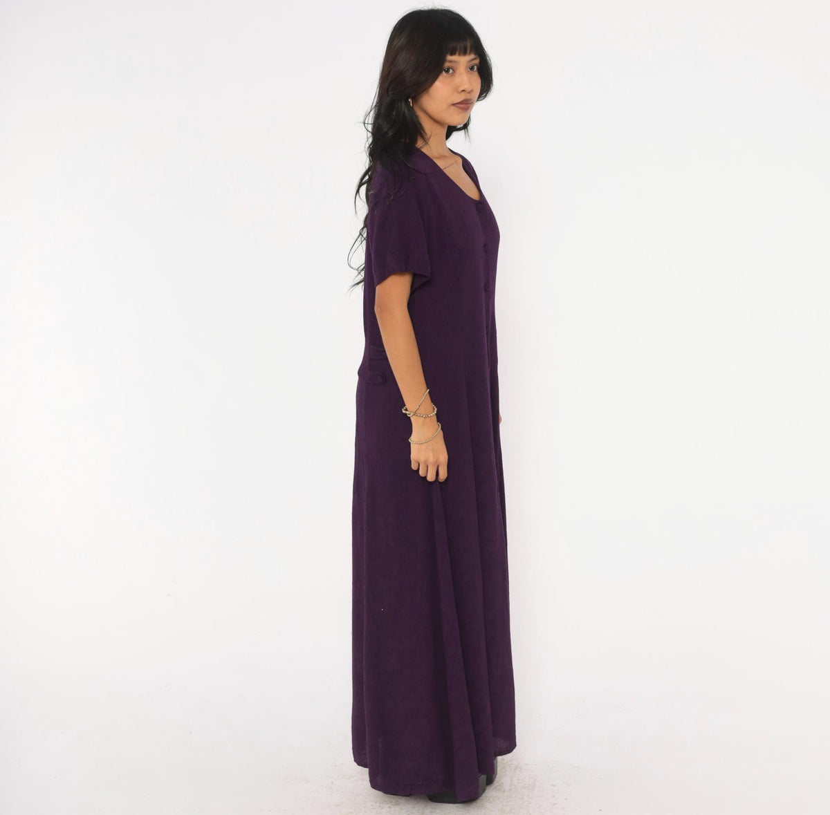 90s Dress Barn Purple Maxi Dress Button Front A-Line Short Sleeve Extra Large