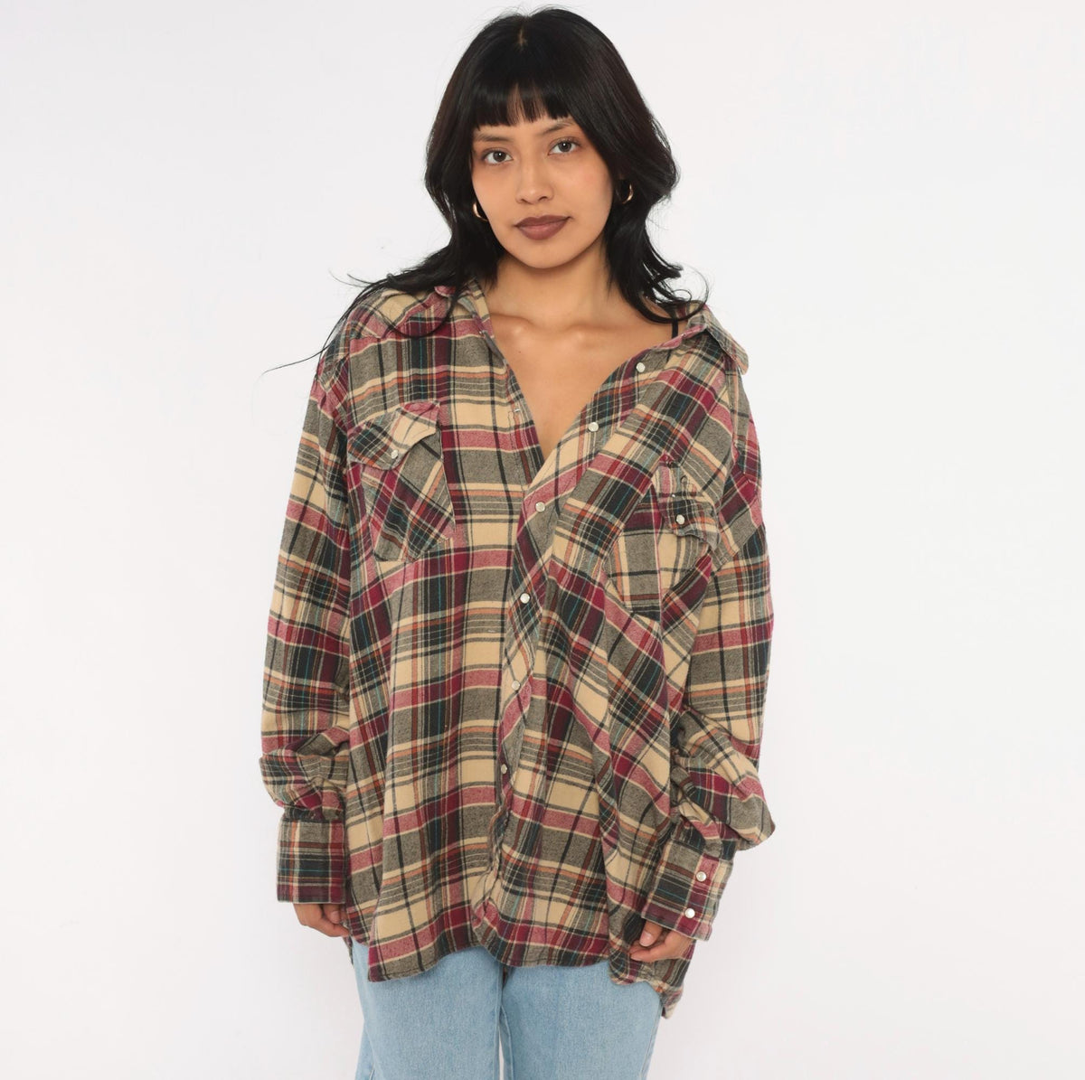 90s Plaid Flannel Shirt Tan Burgundy Pearl Snap Western Yoke Extra Large XXL