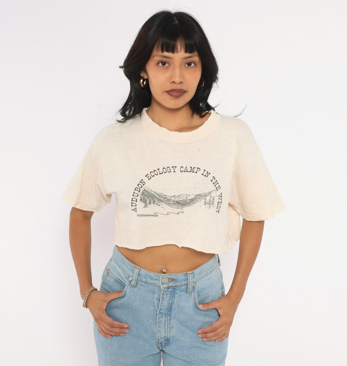 90s Audubon Ecology Camp Mountain Pine Tree Graphic Crop Top Cream Small
