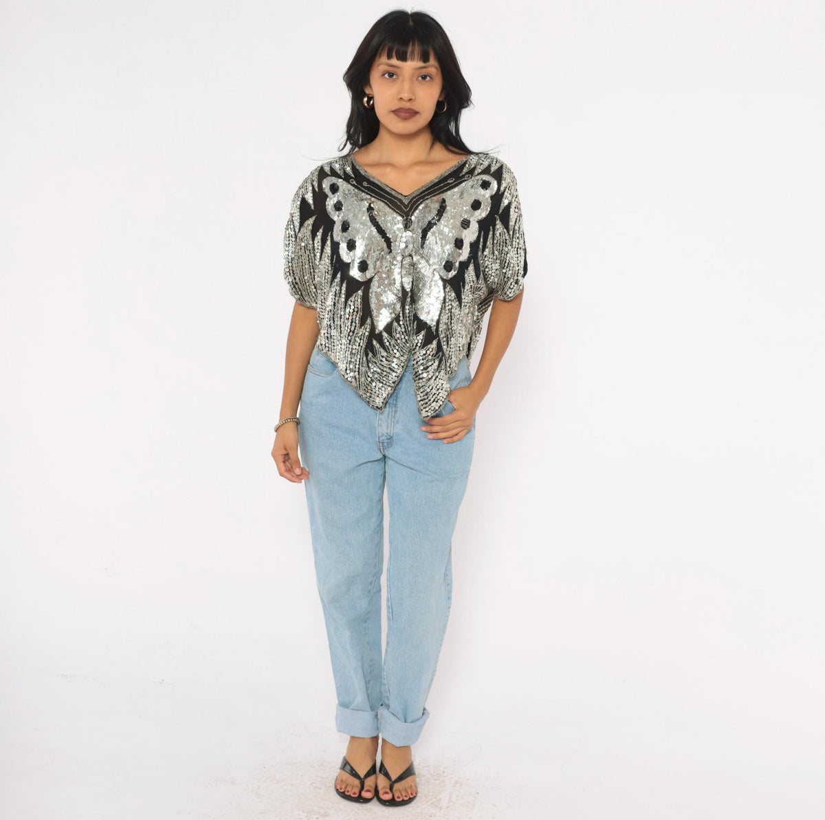 80s Silver Sequin Butterfly Silk Blouse Batwing Sleeve V Neck Medium