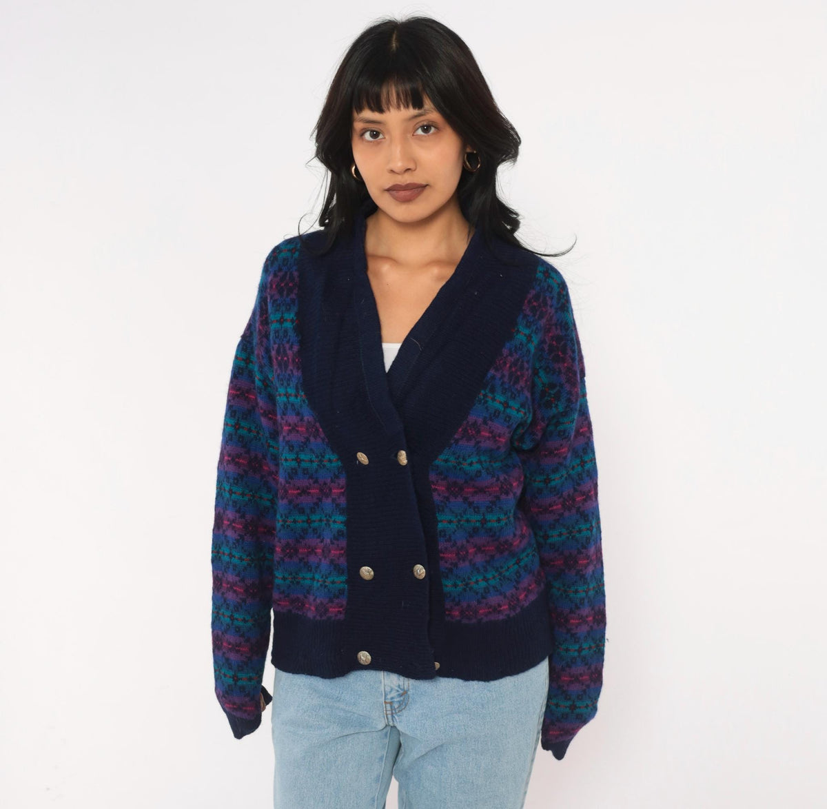 80s Fair Isle Cardigan Navy Wool Blend Shawl Collar Double Breasted Medium M