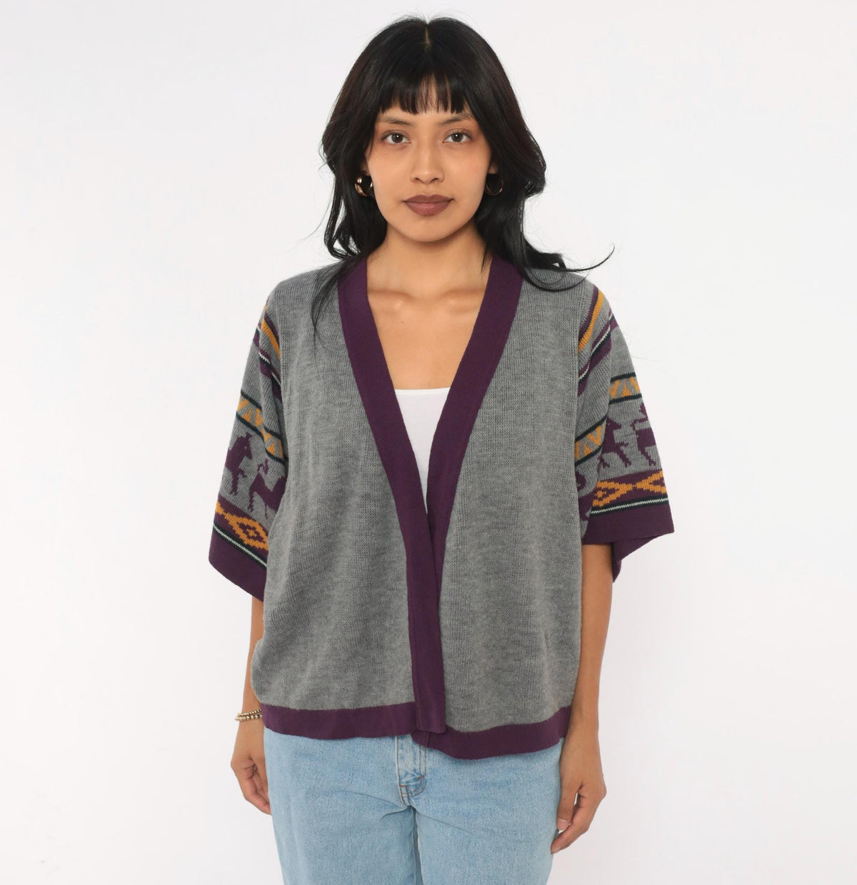 70s Southwestern Cardigan Gray Llama Alpaca Knit Kimono Sleeve Small Medium
