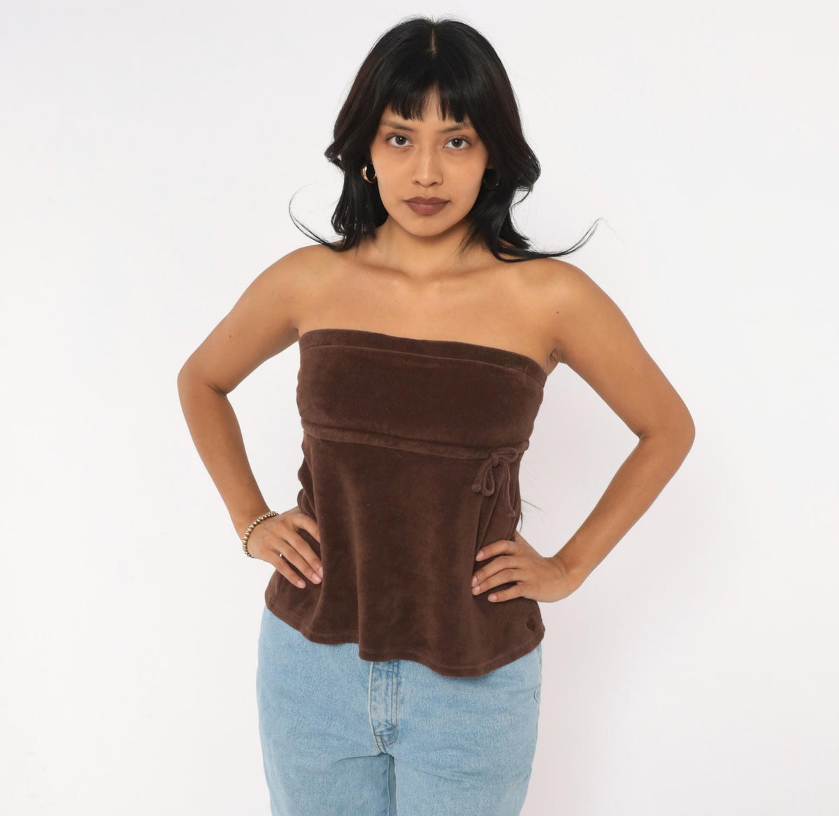 Y2K Brown Terry Tube Top Strapless Drawstring Tie Waist Small