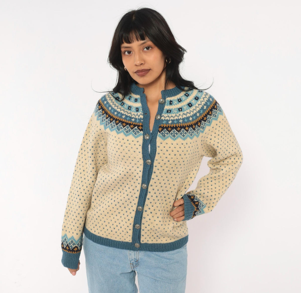 70s Norsk Husflid Fair Isle Wool Cardigan Blue Cream Nordic Knit Small