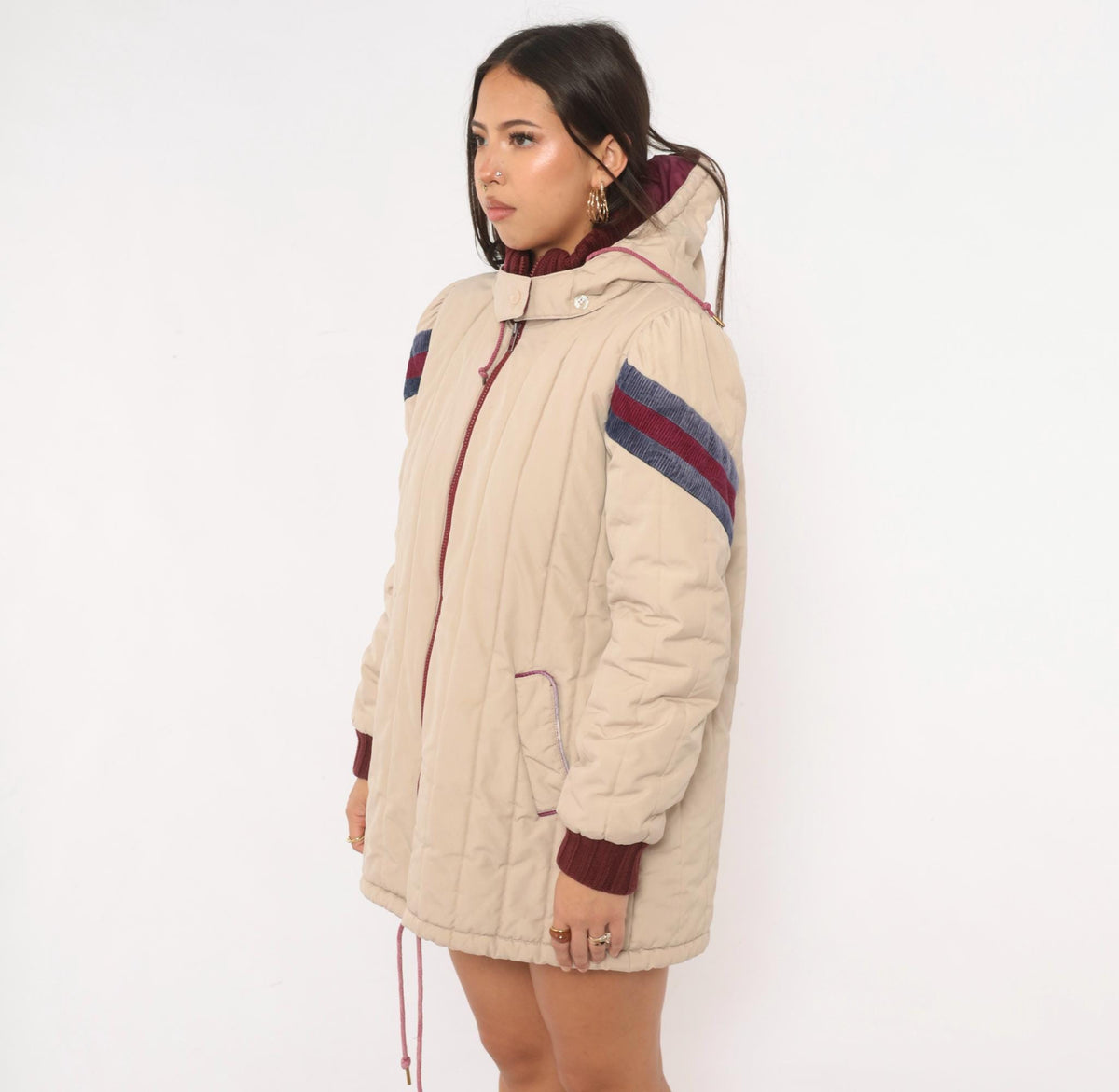 80s JC Penney Cream Puffer Coat Hooded Quilted Ski Jacket Small