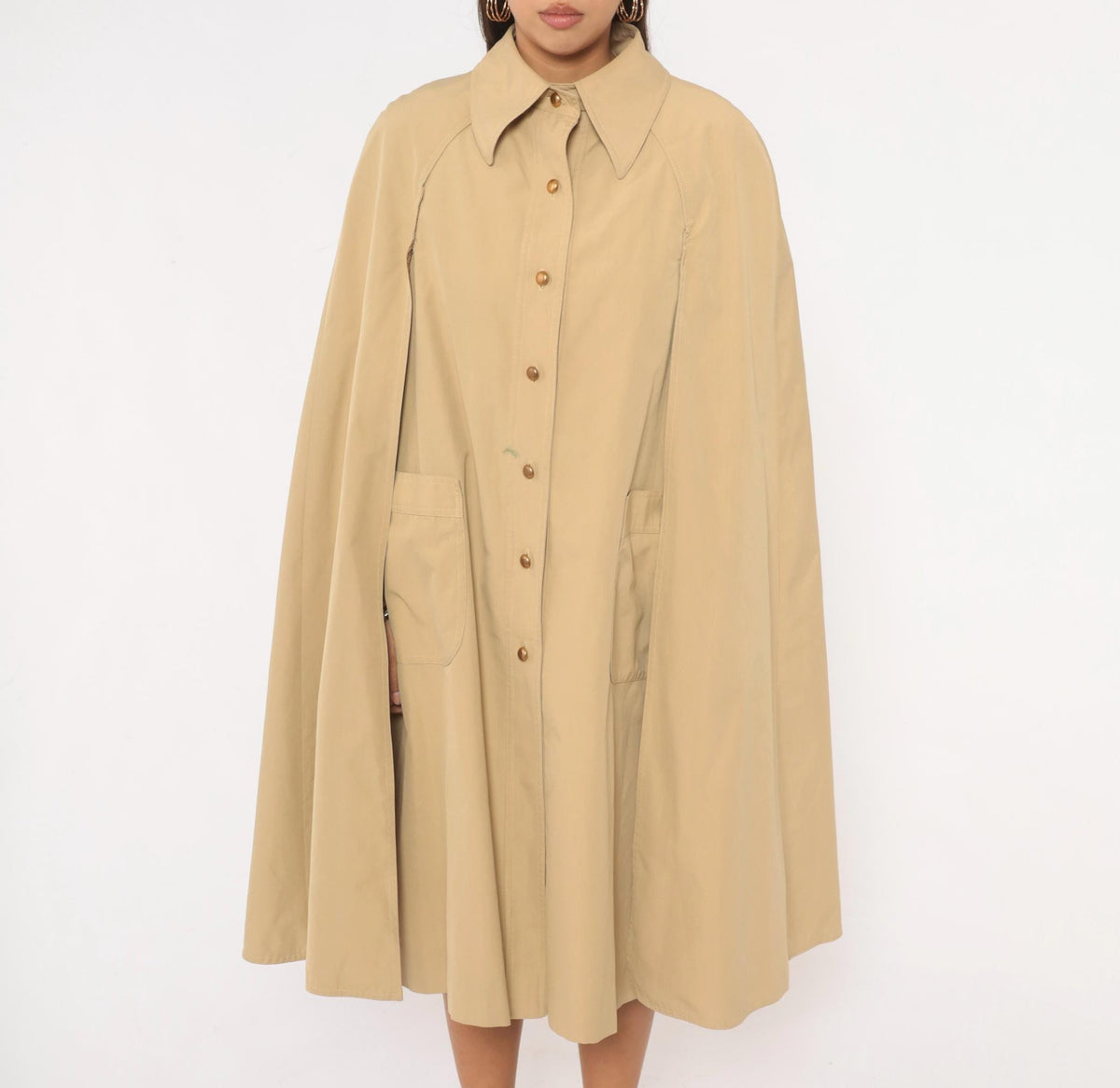 70s Billina Sport Beige Cape Coat Knee Length Pointed Collar Medium