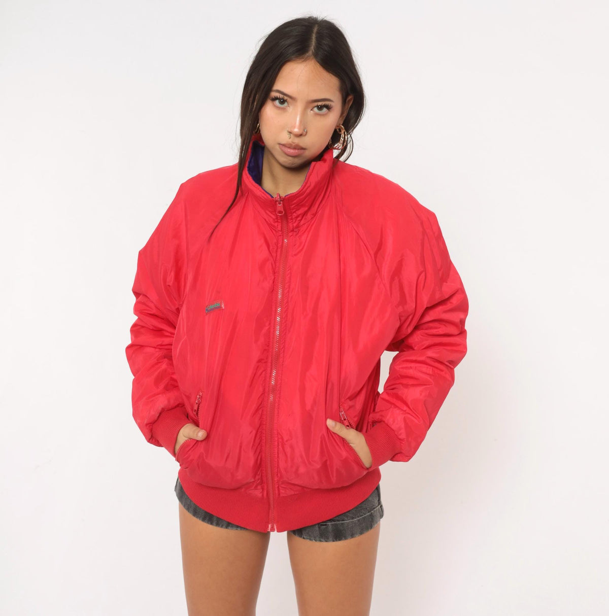 90s Columbia Reversible Bomber Jacket Red Purple Color Block Medium