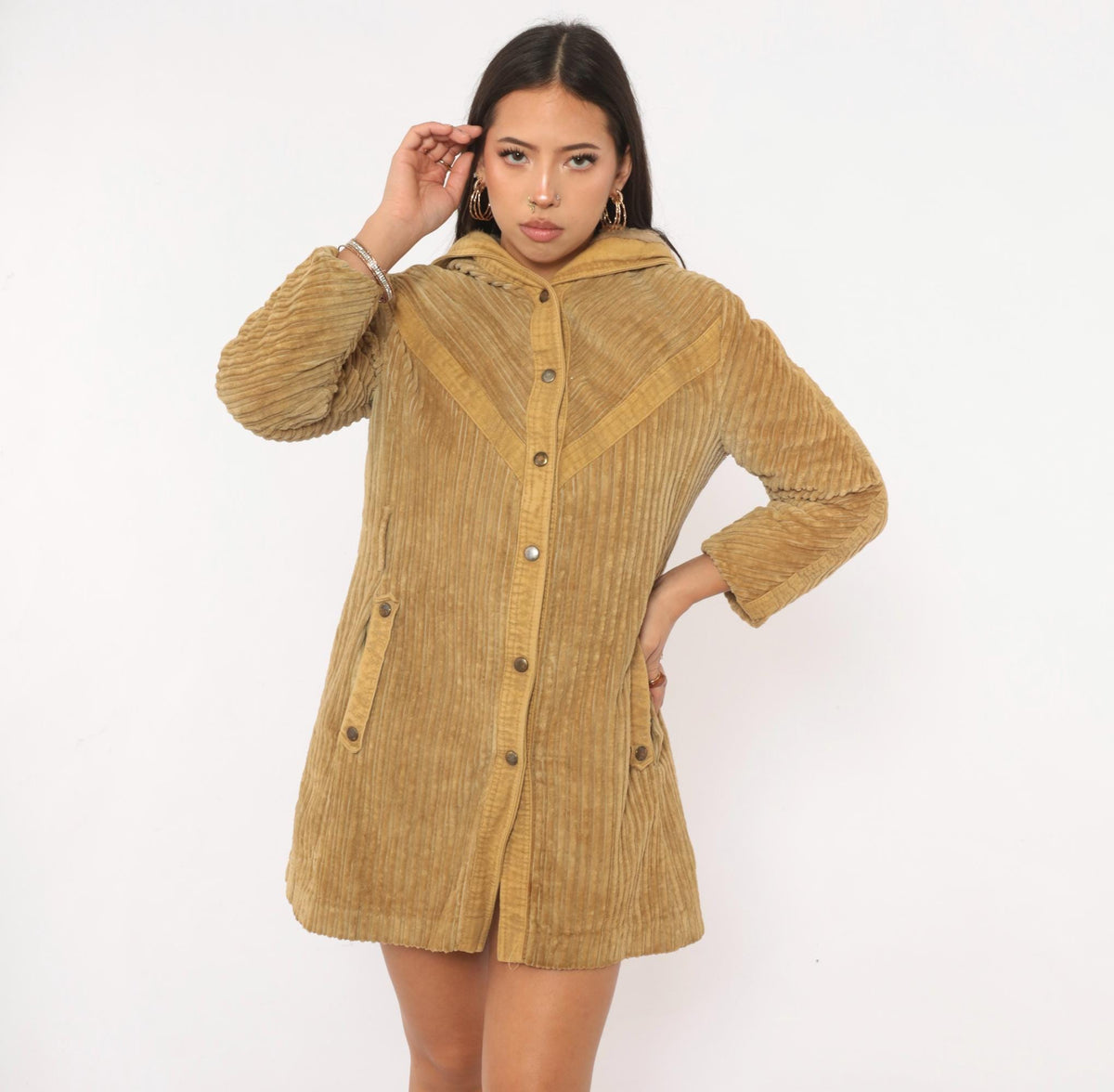 70s Rovercoat Arthur Jay Corduroy Hooded Coat Beige Wide Wale Faux Fur Lined Small S