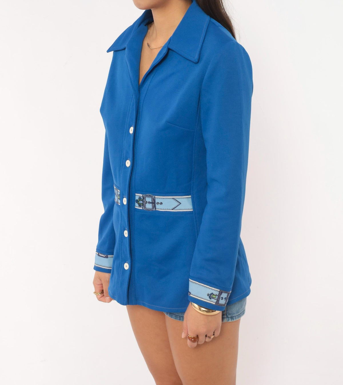 70s Mel Warshaw Cobalt Blue Knit Blouse Trompe L'oeil Belt Buckle Print Medium M
