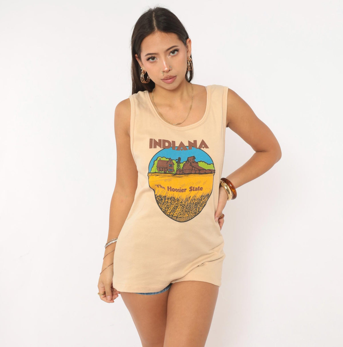 80s Indiana Hoosier State Souvenir Tank Top Tan Graphic Small