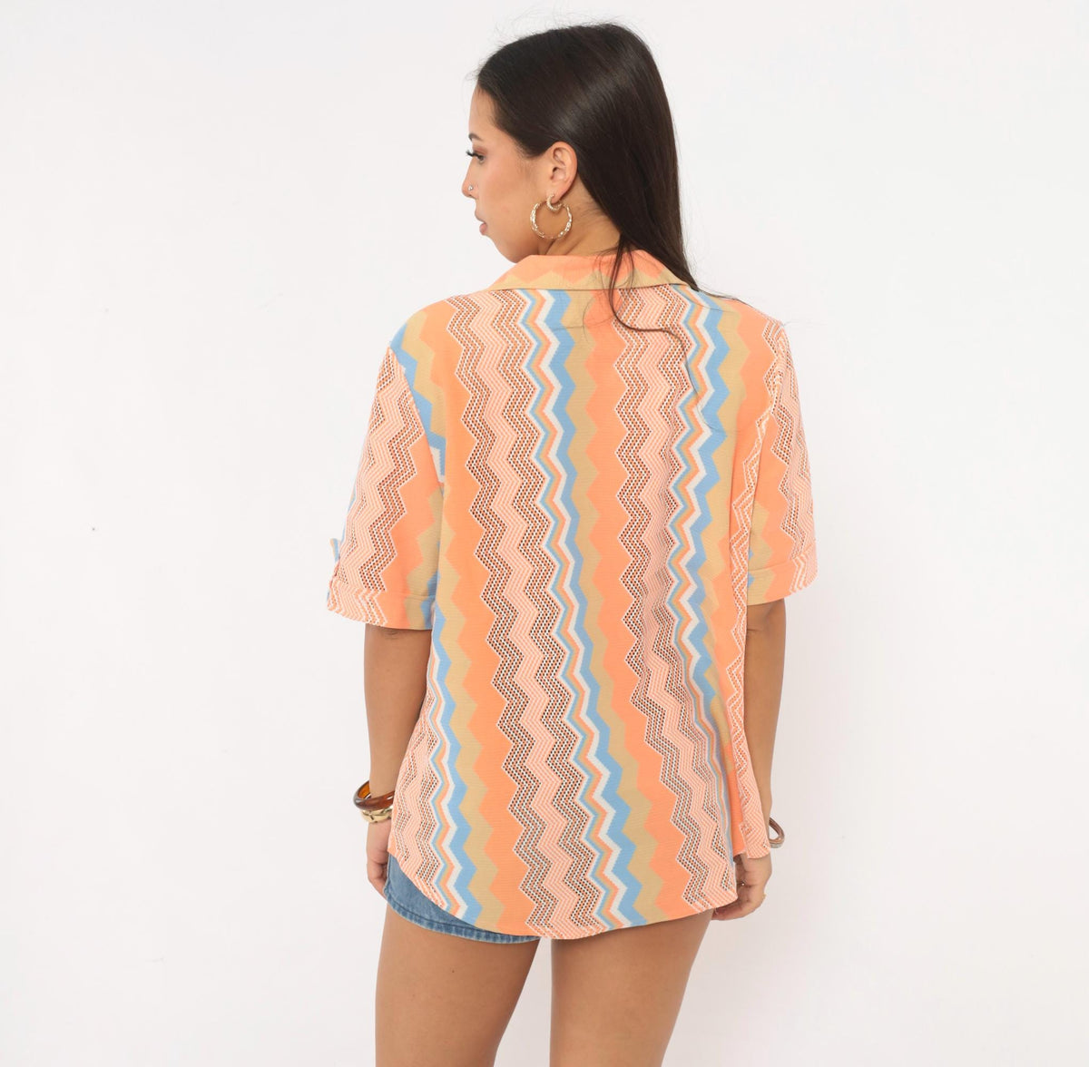 70s Chevron Zigzag Button Up Blouse Orange Coral Blue Open Knit Mesh Large