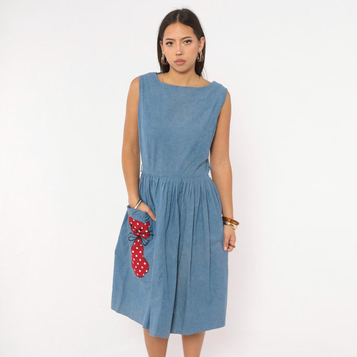 60s Blue Chambray Dress Cat Applique Boat Neck Below Knee Small