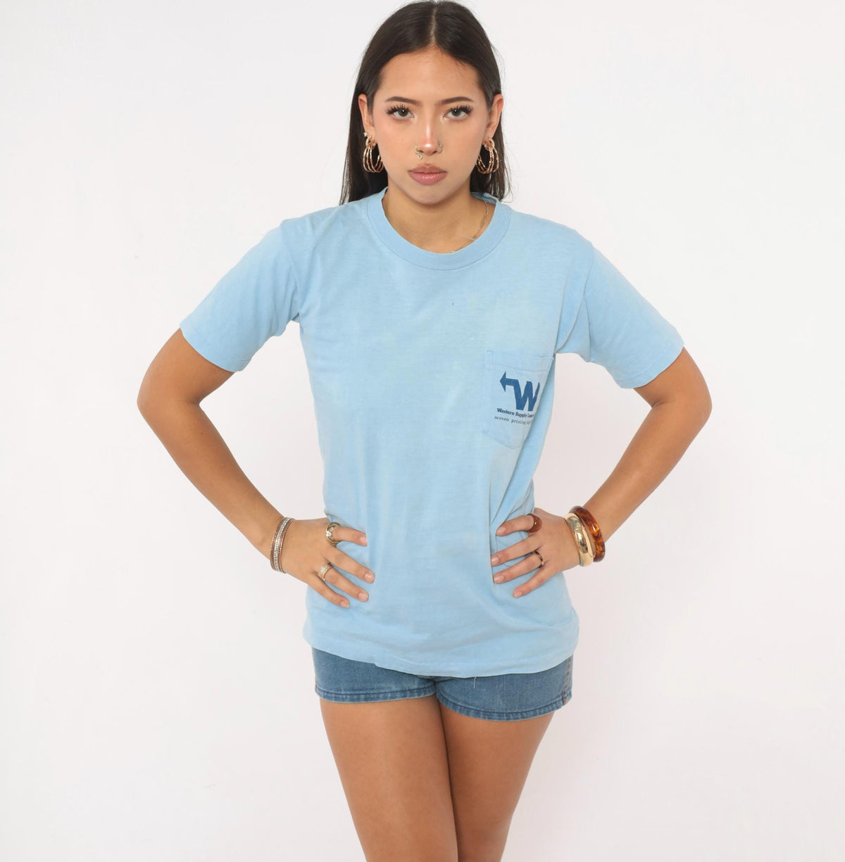 90s Western Supply Company Cowboy Bronco Pocket Tee Light Blue Small S