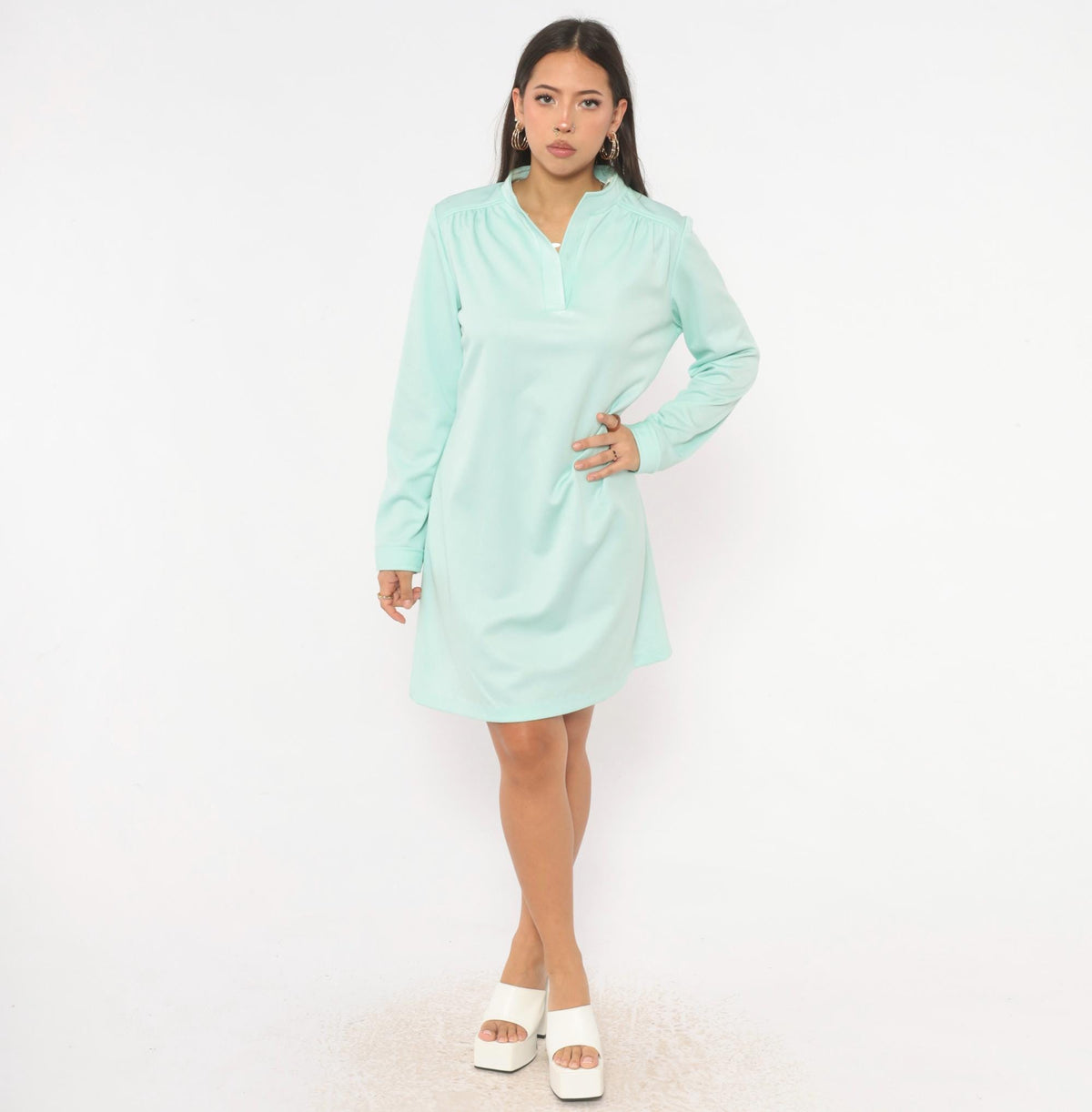70s Sunshine Alley Mint Green Shift Dress Mandarin Collar Knee-Length Large L