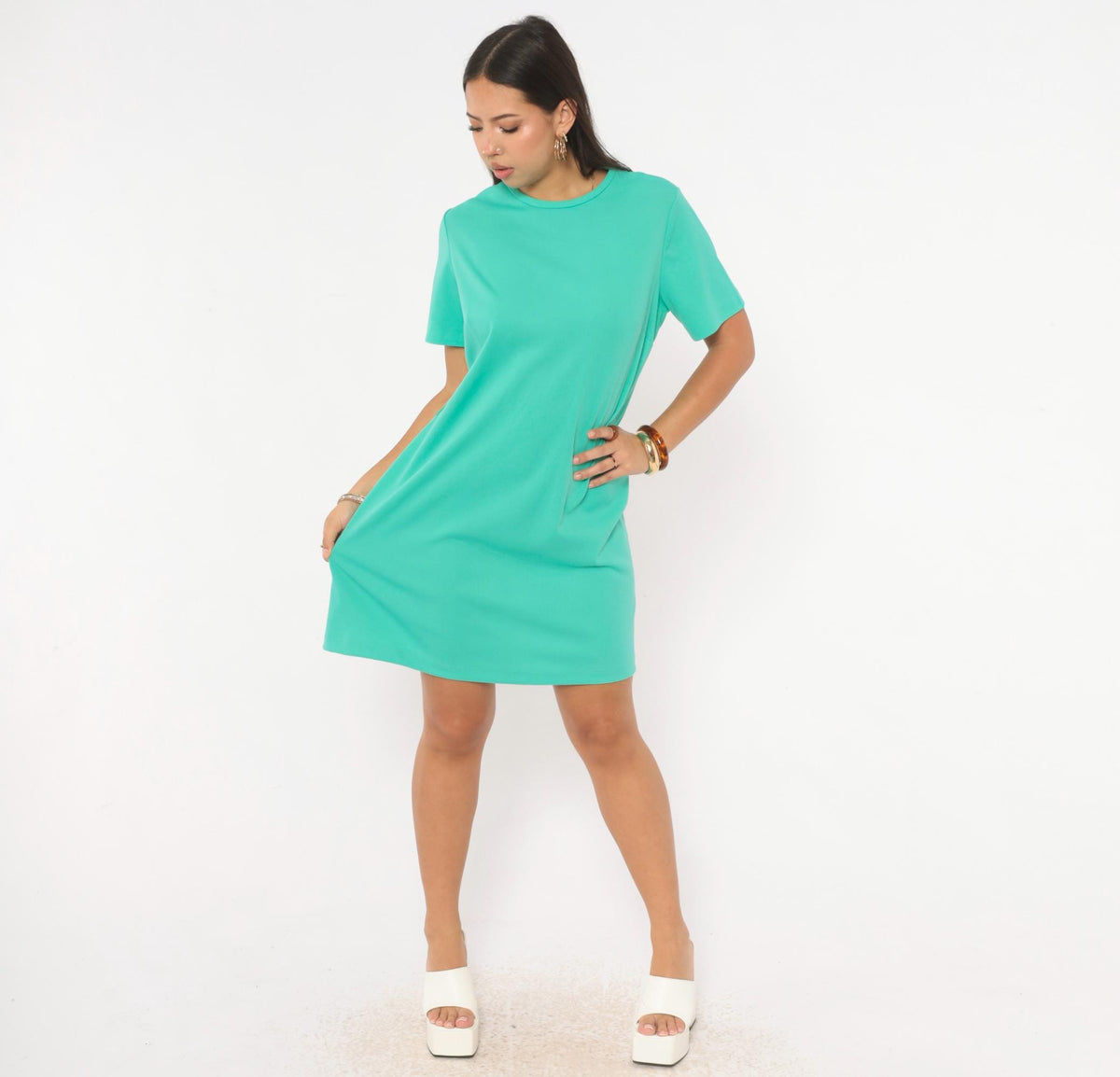 70s Teal Shift Dress A-Line Crew Neck Short Sleeve Solid Green Large