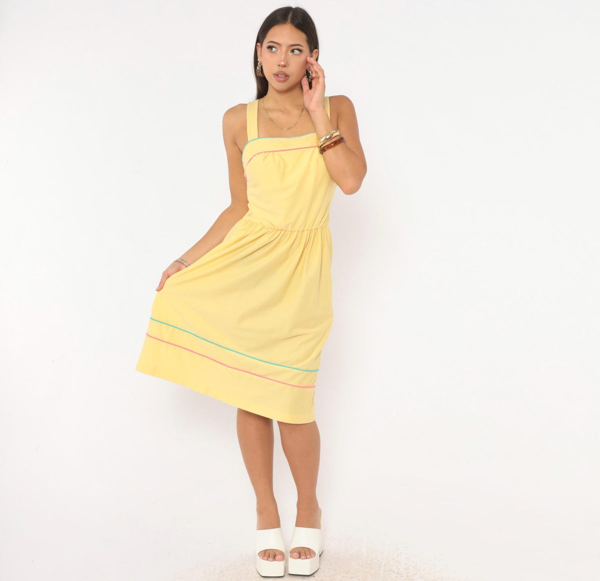 80s Yellow Sundress Mr. Joe Square Neck Teal Pink Piping Medium