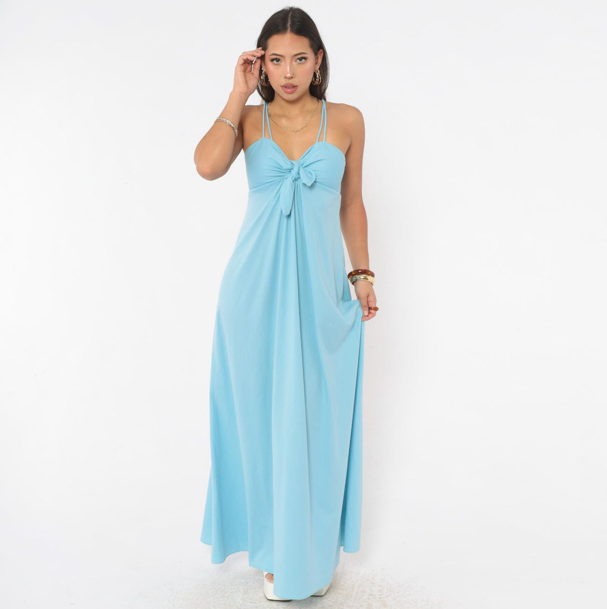 70s Light Blue Maxi Dress Empire Waist Tie Front Spaghetti Strap Extra Small