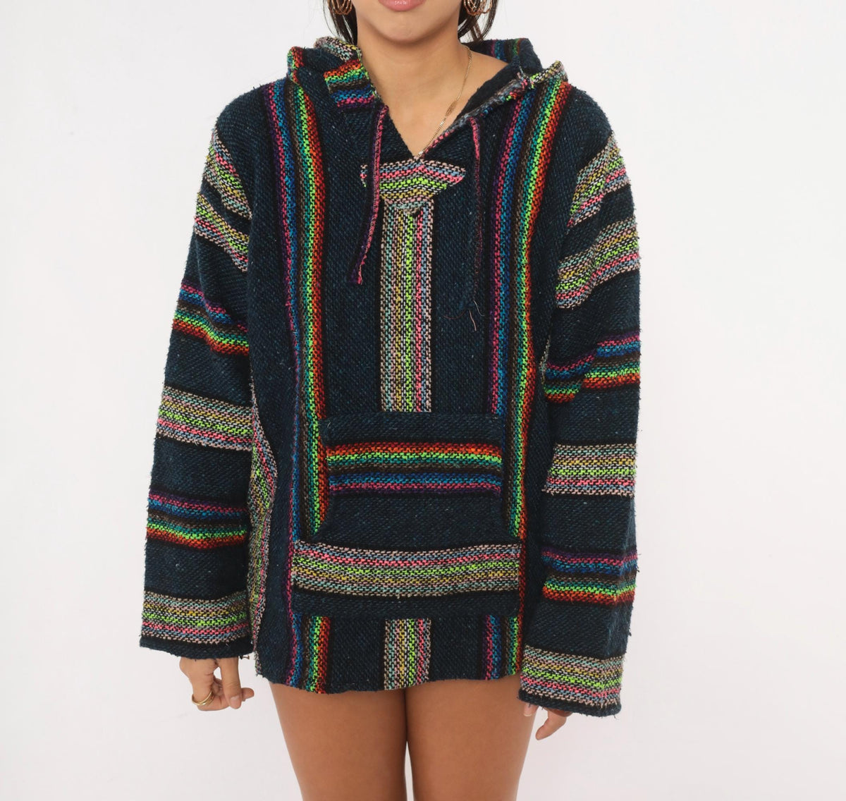 90s Navy Baja Hoodie Rainbow Stripe Woven Pullover Kangaroo Pocket Medium