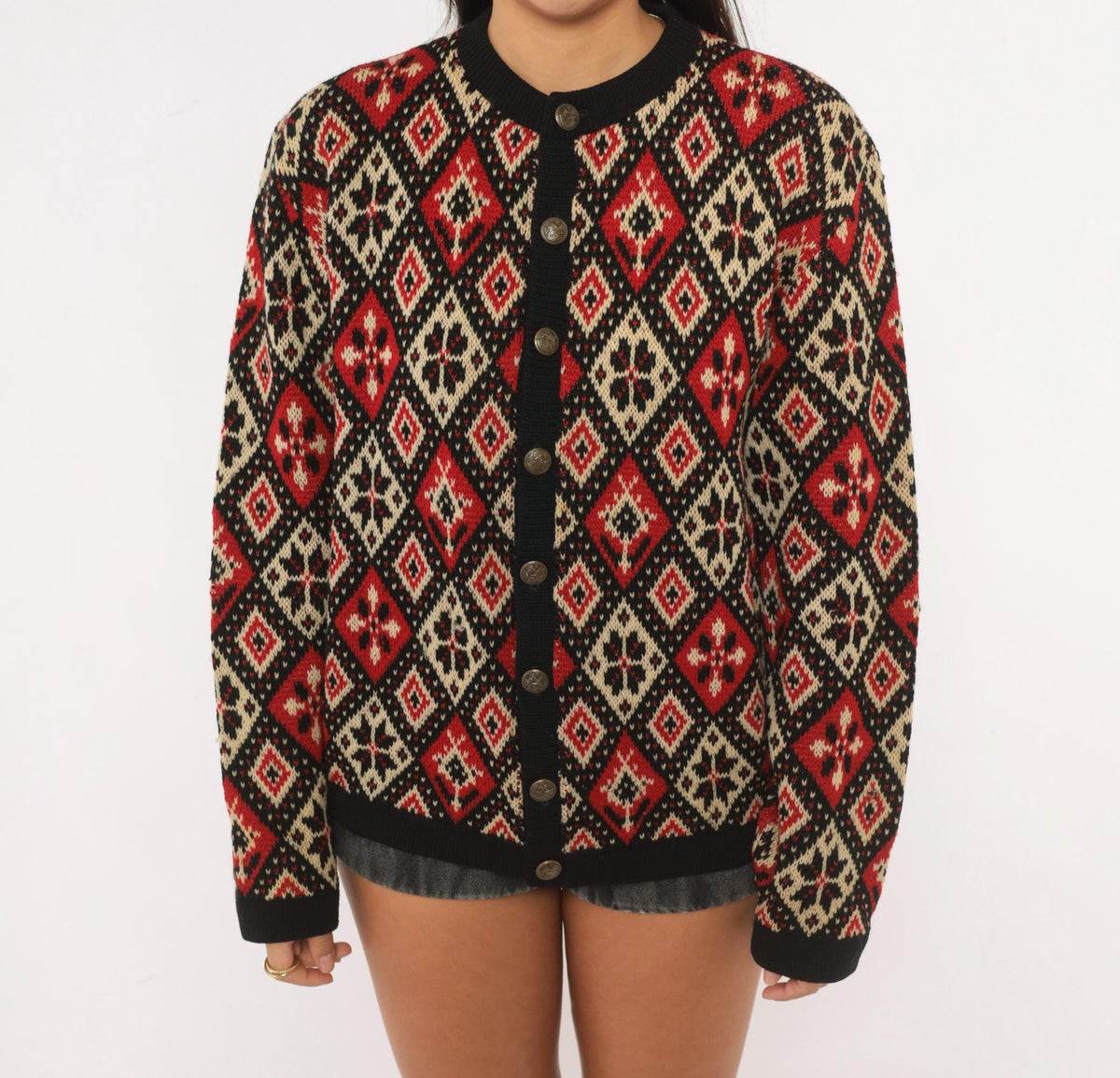 60s Jersild Wool Cardigan Black Red Cream Fair Isle Diamond Medium