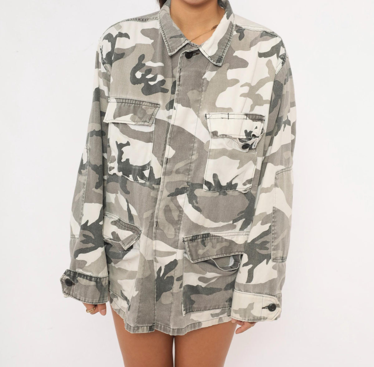 90s Camo Military Field Shirt White Grey Cotton Button Front Medium