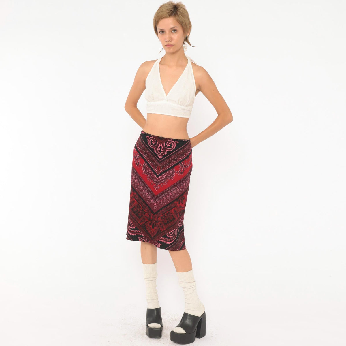 Y2K Tempted Paisley Bandana Chevron Skirt Black Red Burgundy Large