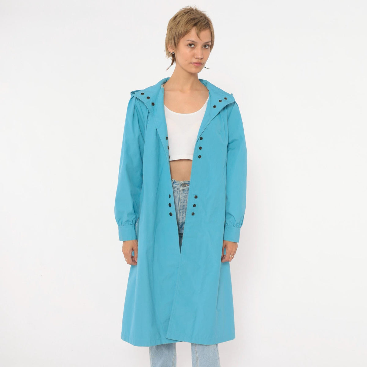 70s Blue Hooded Raincoat Snap Front Trench Puff Sleeve Medium