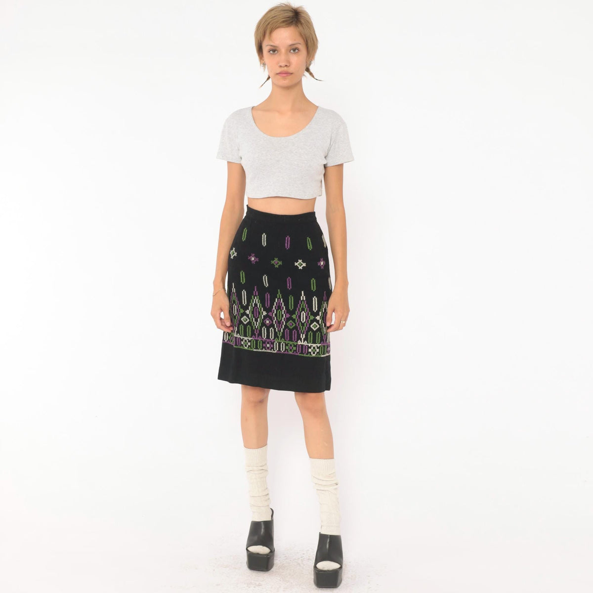 60s Black Wool Embroidered A-Line Skirt Purple Green Cross Stitch Extra Small XS