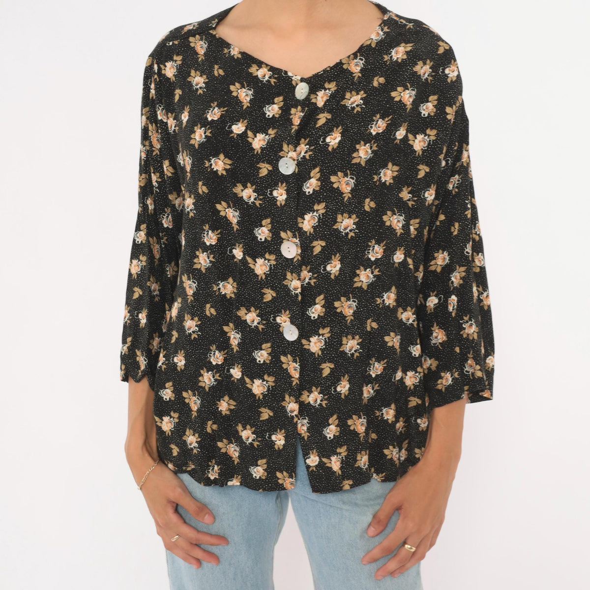 90s Black Floral Rose Print Button-Front Blouse Cream Tan Large L