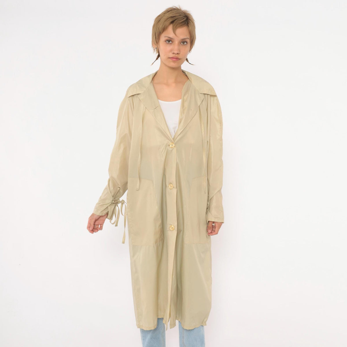 80s Aqua Sheen Cream Nylon Trench Coat Pointed Collar Midi Length Medium M