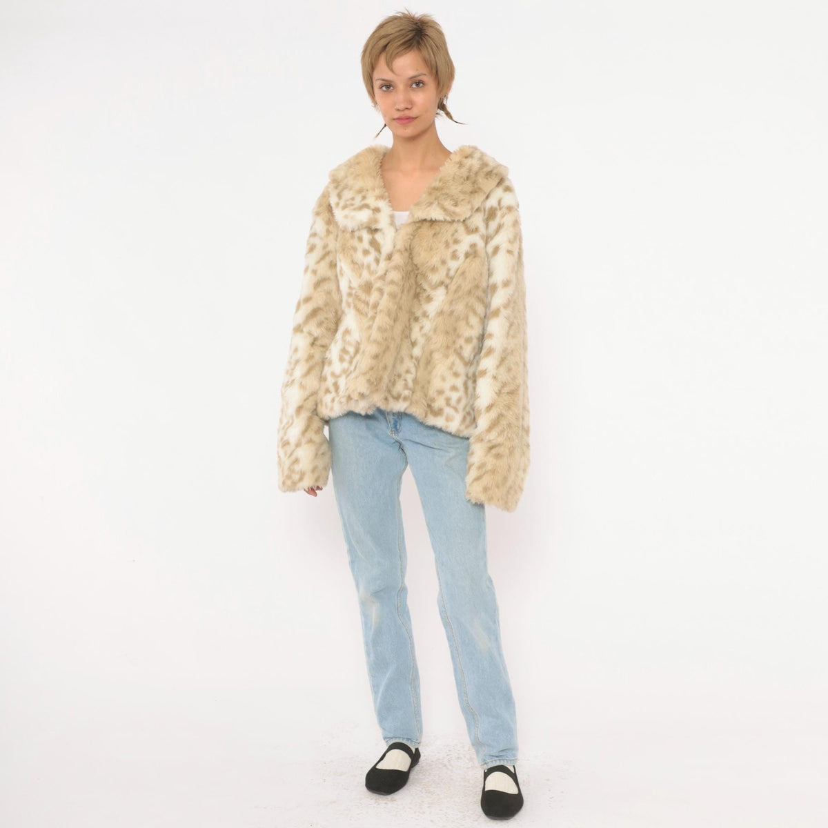 Y2K Relativity Faux Fur Jacket Cream Leopard Print Wide Collar Large L