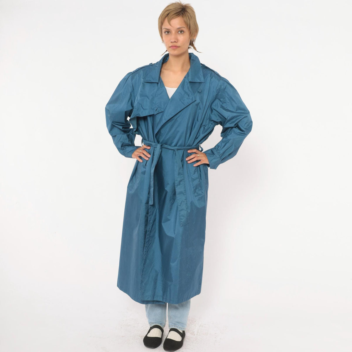 80s J.Gallery Blue Nylon Trench Coat Belted Epaulettes Medium M