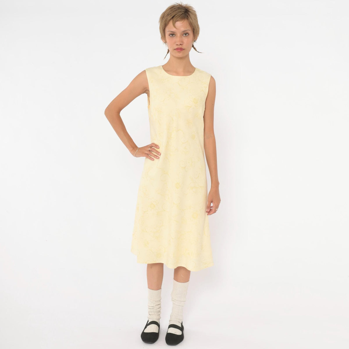 Y2K Tommy Bahama Silk Dress Yellow Floral Sleeveless A-Line Knee Medium M
