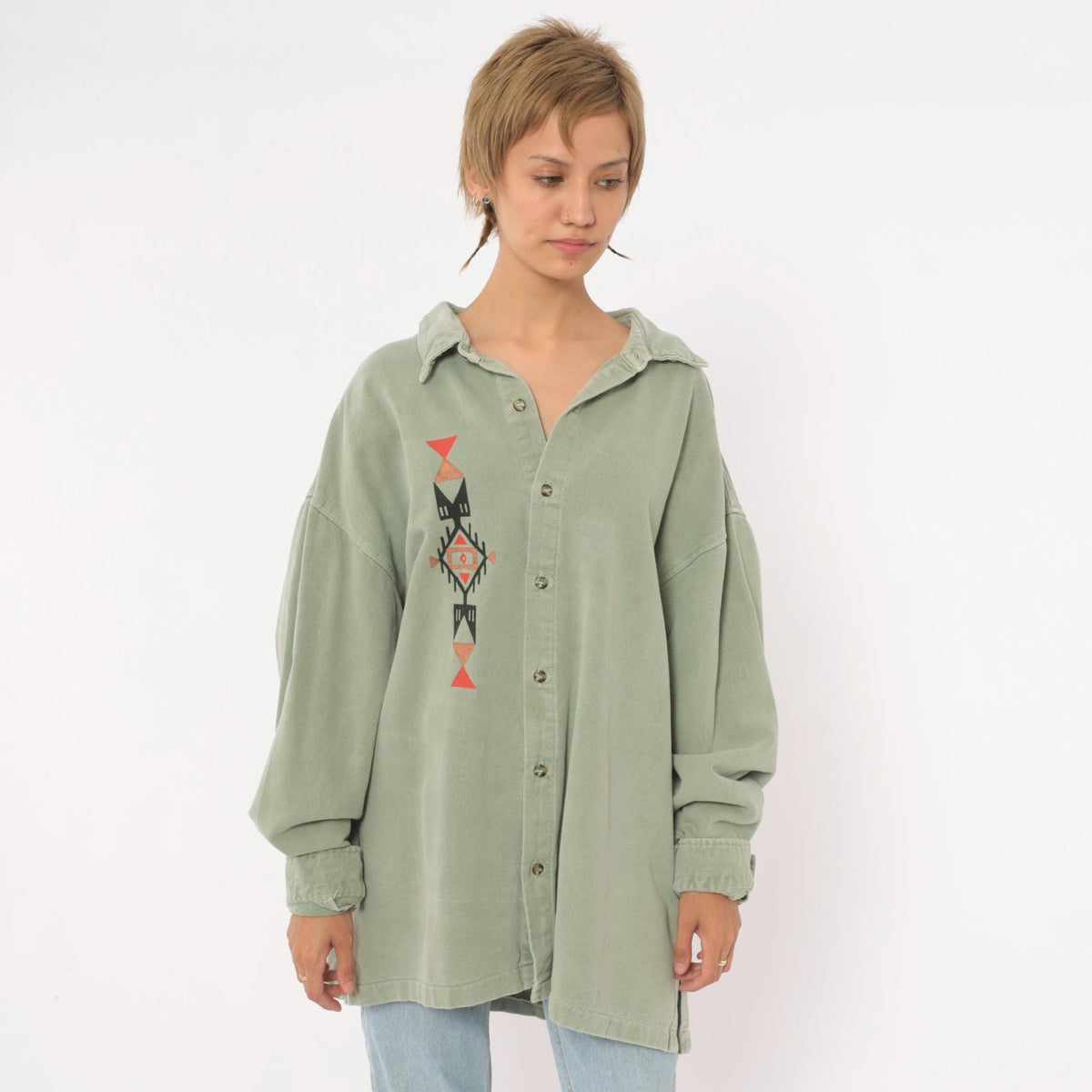 90s 4Fun Originals Southwestern Button Up Shirt Olive Green Geometric Plus Size XXL