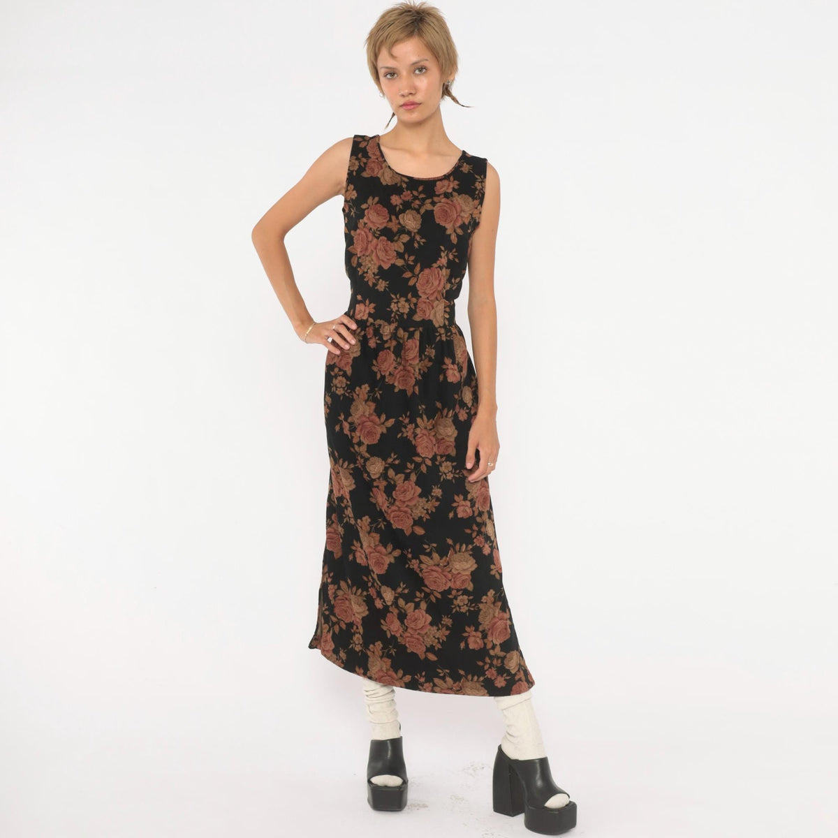 90s Black Floral Velour Dress Rose Print Tie Back Ankle Length Small S