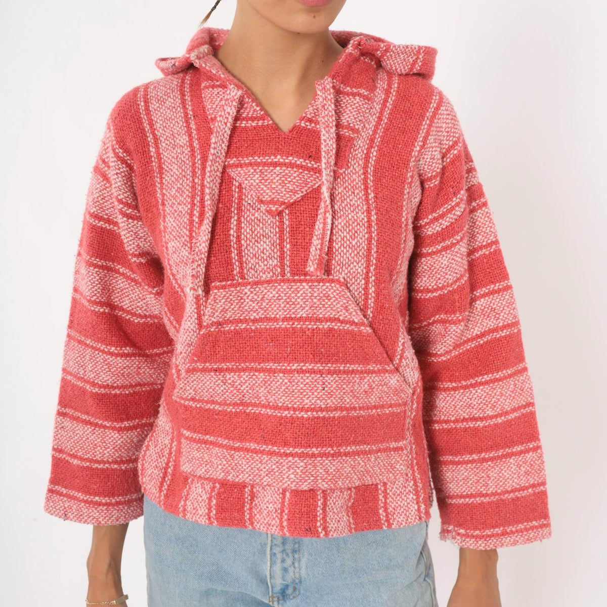 90s Baja Hoodie Coral Pink Striped Woven Cotton Pullover Extra Small XS